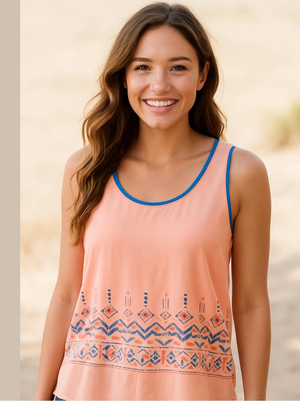 Sleeveless NWOT Peach Embroidered Tank with Blue Trim